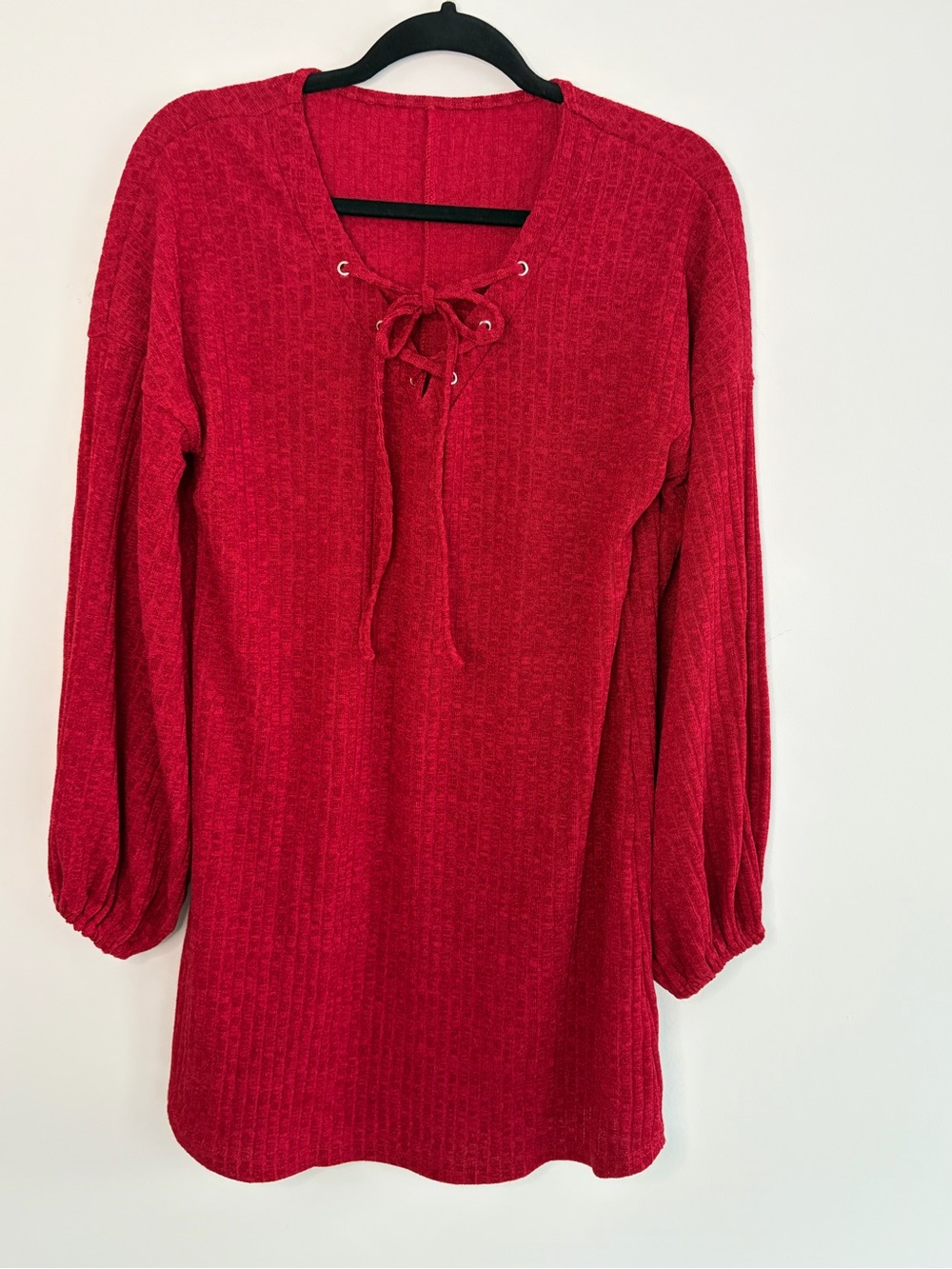 Red Lace-Up Ribbed Knit Women's Dress With Ballon Sleeves